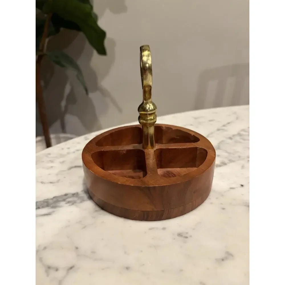 Round Wood Divided Serving Tray w/ Brass Tone Ring Handle, 4 Compartments 6 in